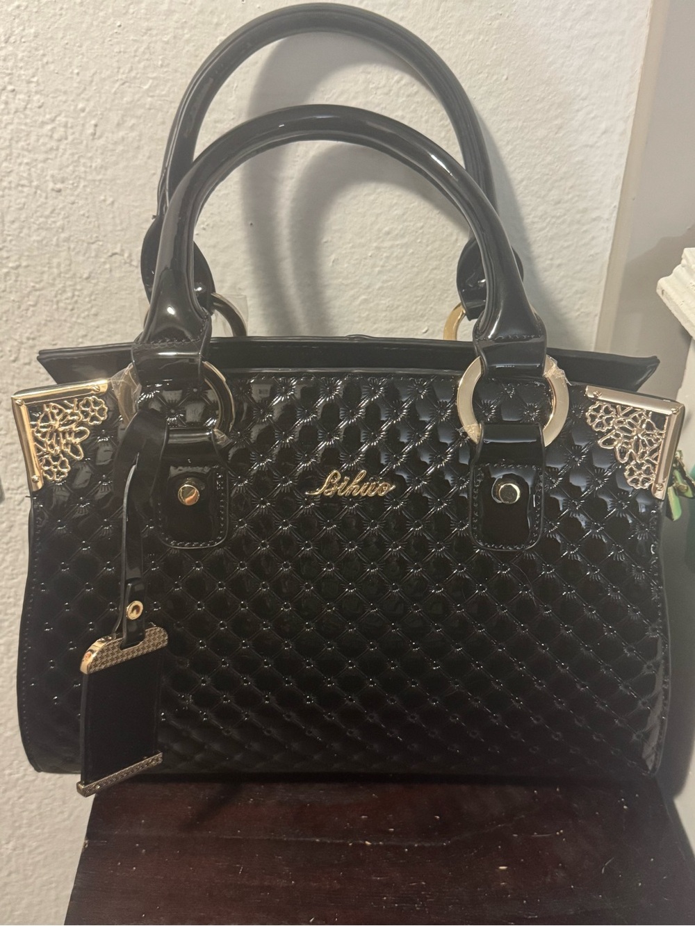 Black Quilted Patent Satchel with Gold Filigree